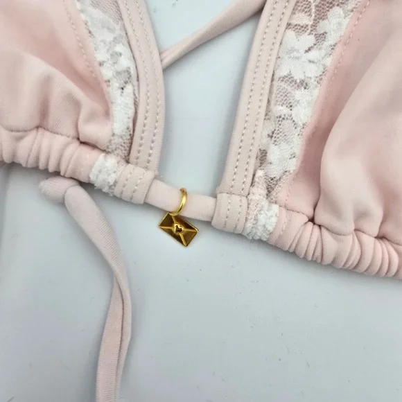 PacSun Swim Eco Pink Lace Trim Triangle Bikini Top Gold Envelope Charm Medium - Picture 5 of 6